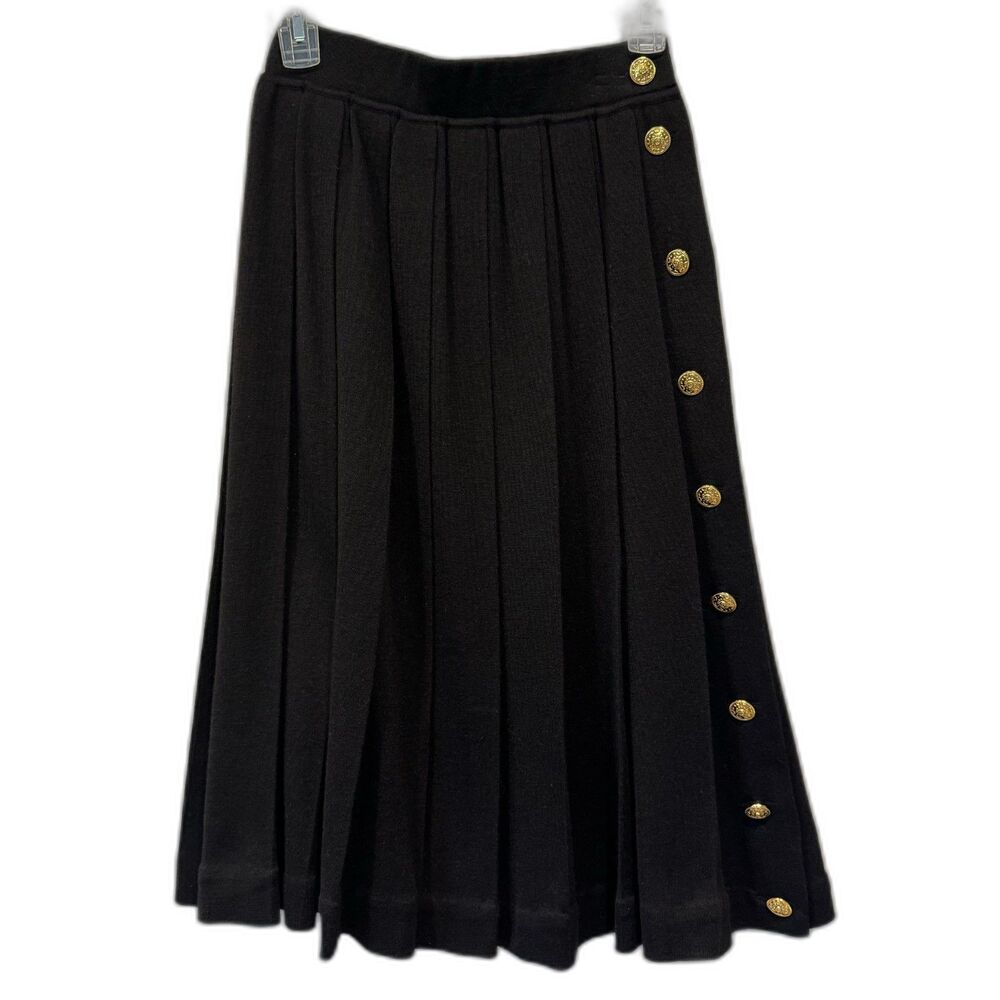 Vintage Chanel Midi Skirt Cashmere Silk Knit Pleats Gold Button Black Sz 40 US 8